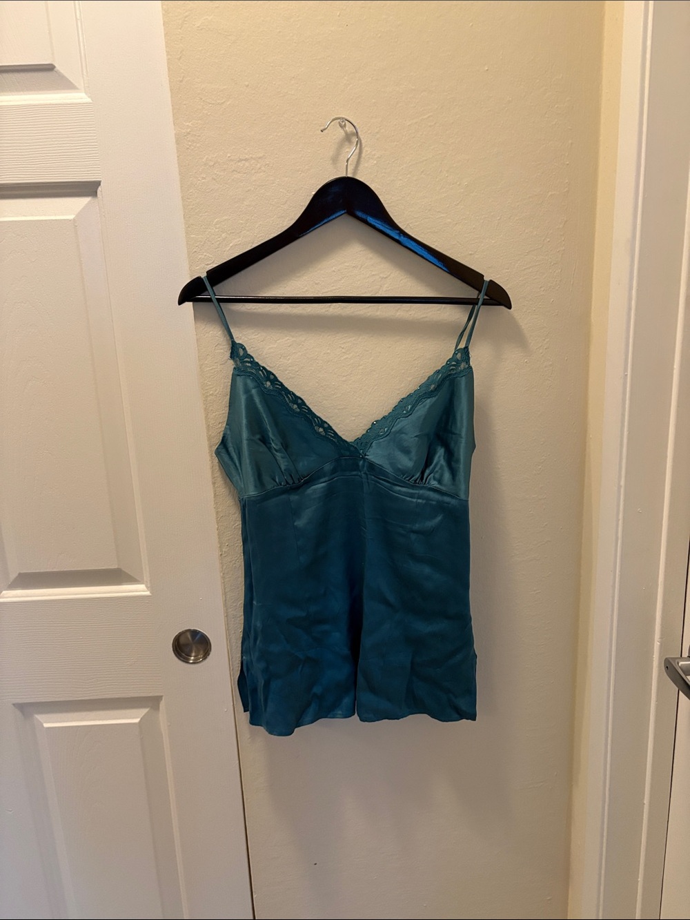 bebe Teal Satin Lace Trim Tank Top